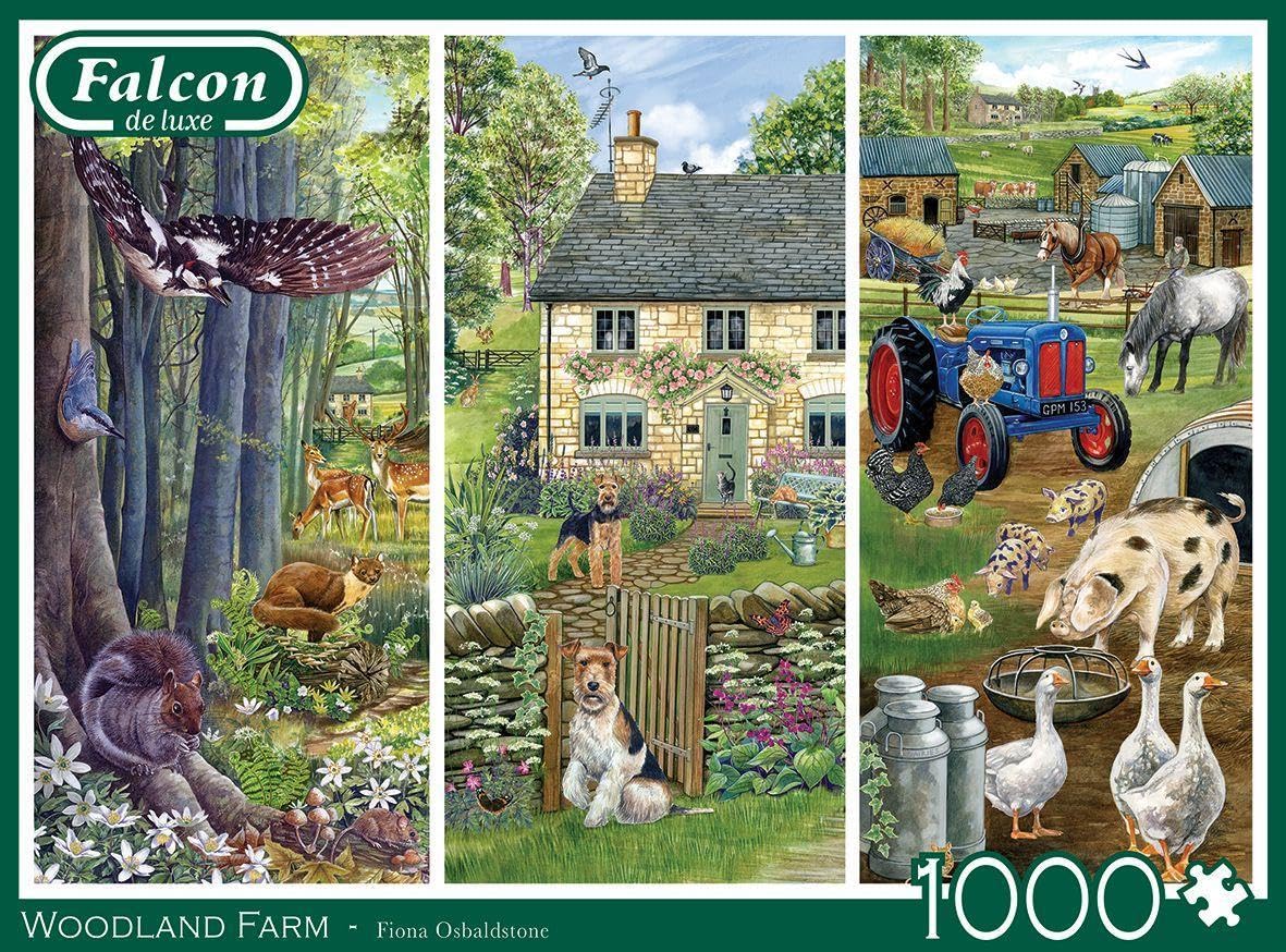 Jumbo -Falcon de Luxe Woodland Farm 1000-Piece Jigsaw Puzzle-Fiona Osbaldstone Illustration -Picturesque Triptych of Woodland Animals -Premium Recycled Board-Poster-Like Finish-Eco-Friendly Packaging