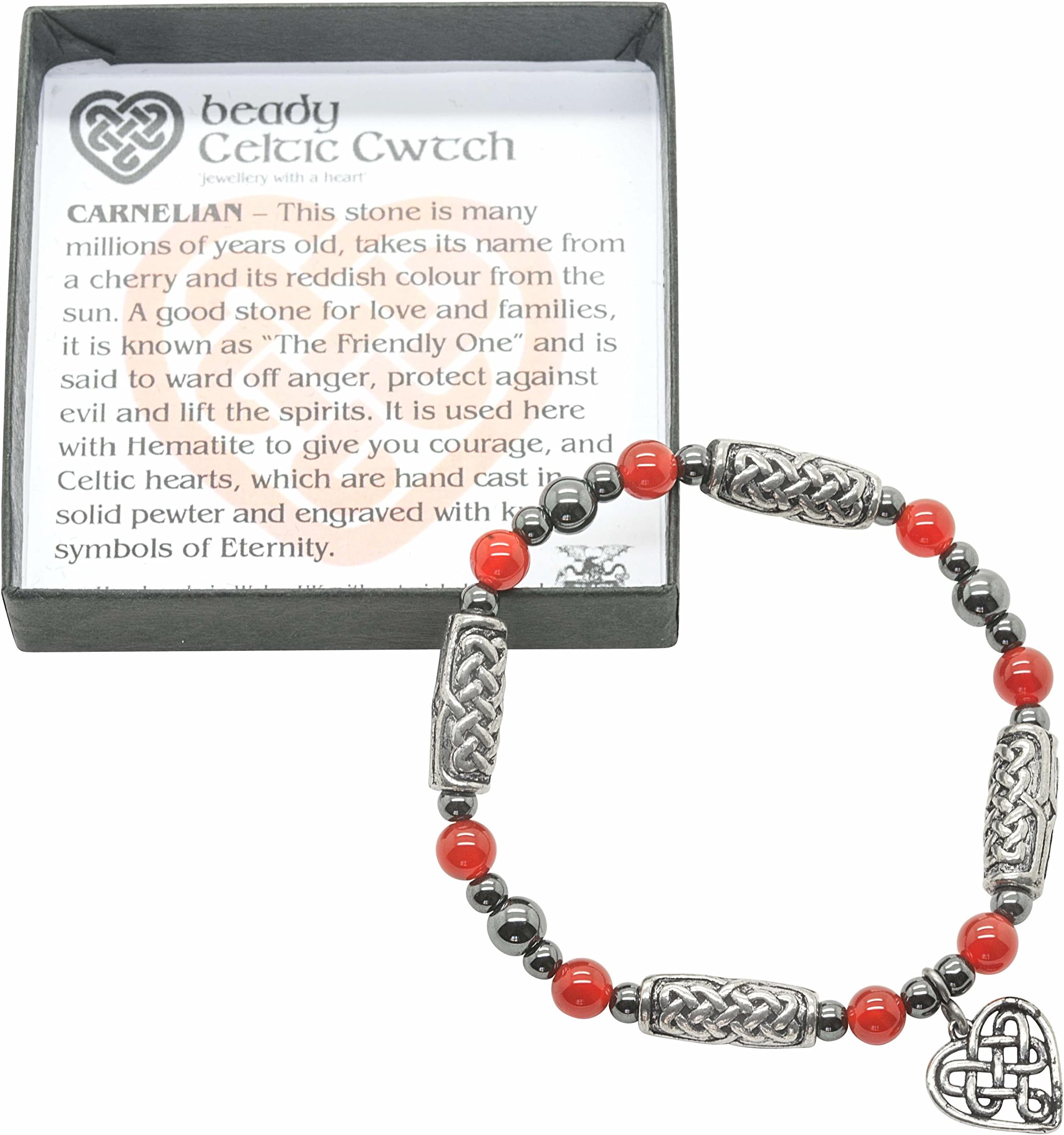 Stretchy Celtic beaded bracelet with Cwtch heart charm and carnelian gembeads