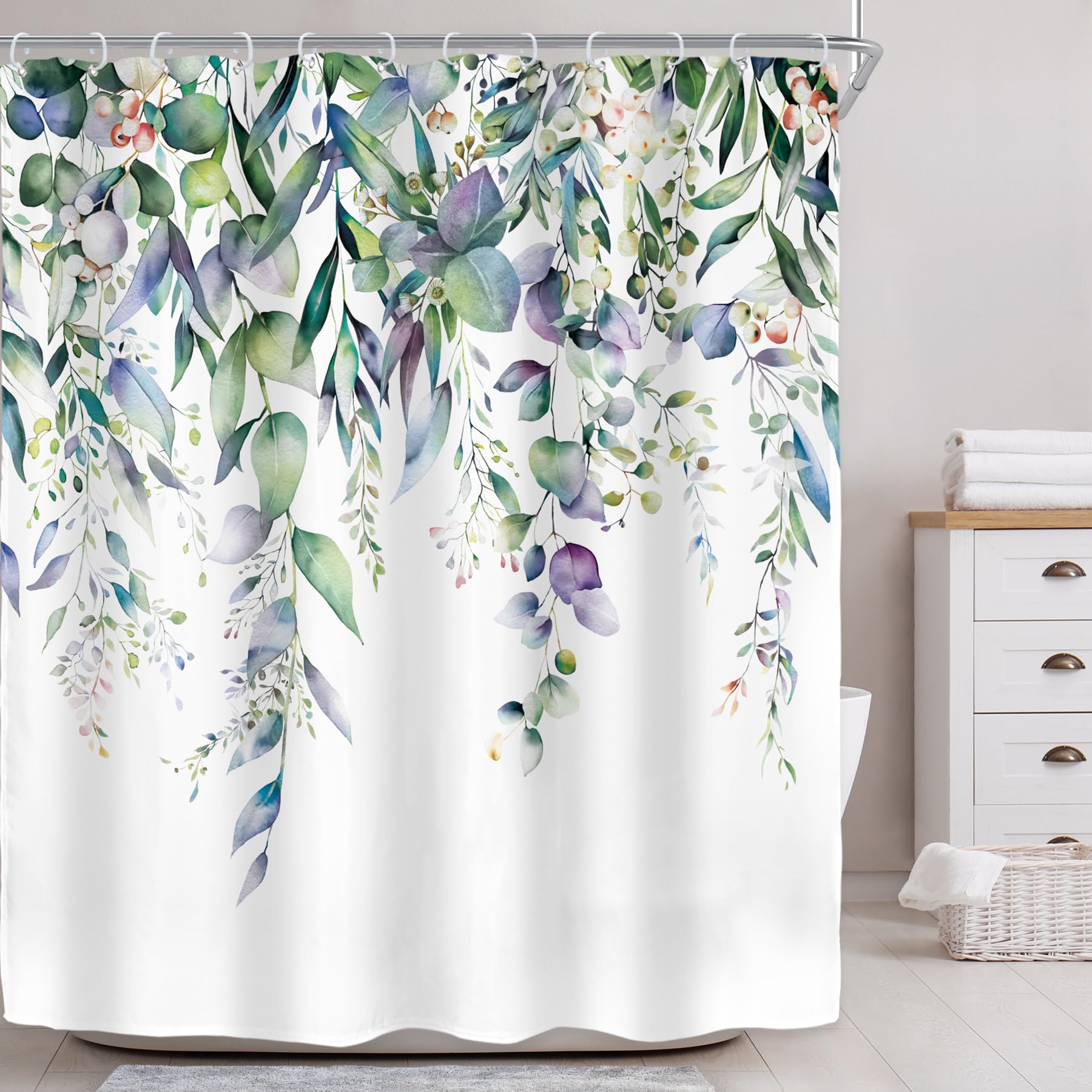 Photo 1 of Riyidecor Eucalyptus Leaves Shower Curtain for Bathroom Decor 60Wx72H Spring Natural Leaf Teal Watercolor Plants Botanical Floral Art Printed Fabric Polyester Waterproof 12 Pack Plastic