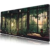 Cute Lofi Desk Mat Green Plants Mouse Pad Large Black Cat Aesthetic Desk Pad Kawaii Anime Extended Gaming Mousepad XL Laptop Keyboard Mouse Mat Deskmat 31.5"x11.8" Cute Office Decor