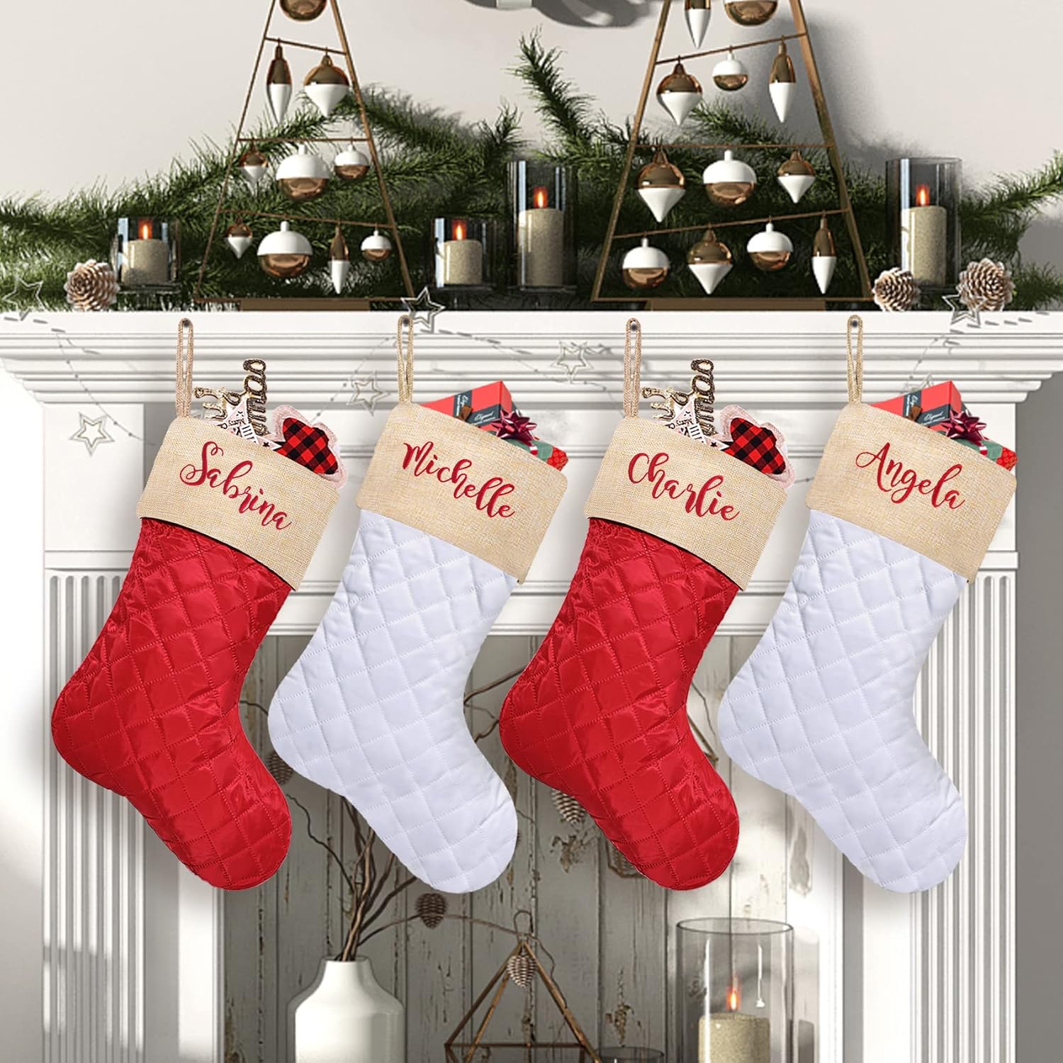 Stockings & Holders - ELEGANTPARK Personalized Christmas Stockings 1 Pack Cotton Quilted Large Luxury Burlap Embroidered Custom Christmas Stocking for Xmas Family Holiday Farmhouse Fireplace Hanging Decoration