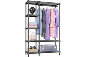 IZEUK Heavy Duty Rolling Garment Rack Wire Clothes Rack for Hanging Clothes, Metal Closet Rack with Double Rods and Side Hook