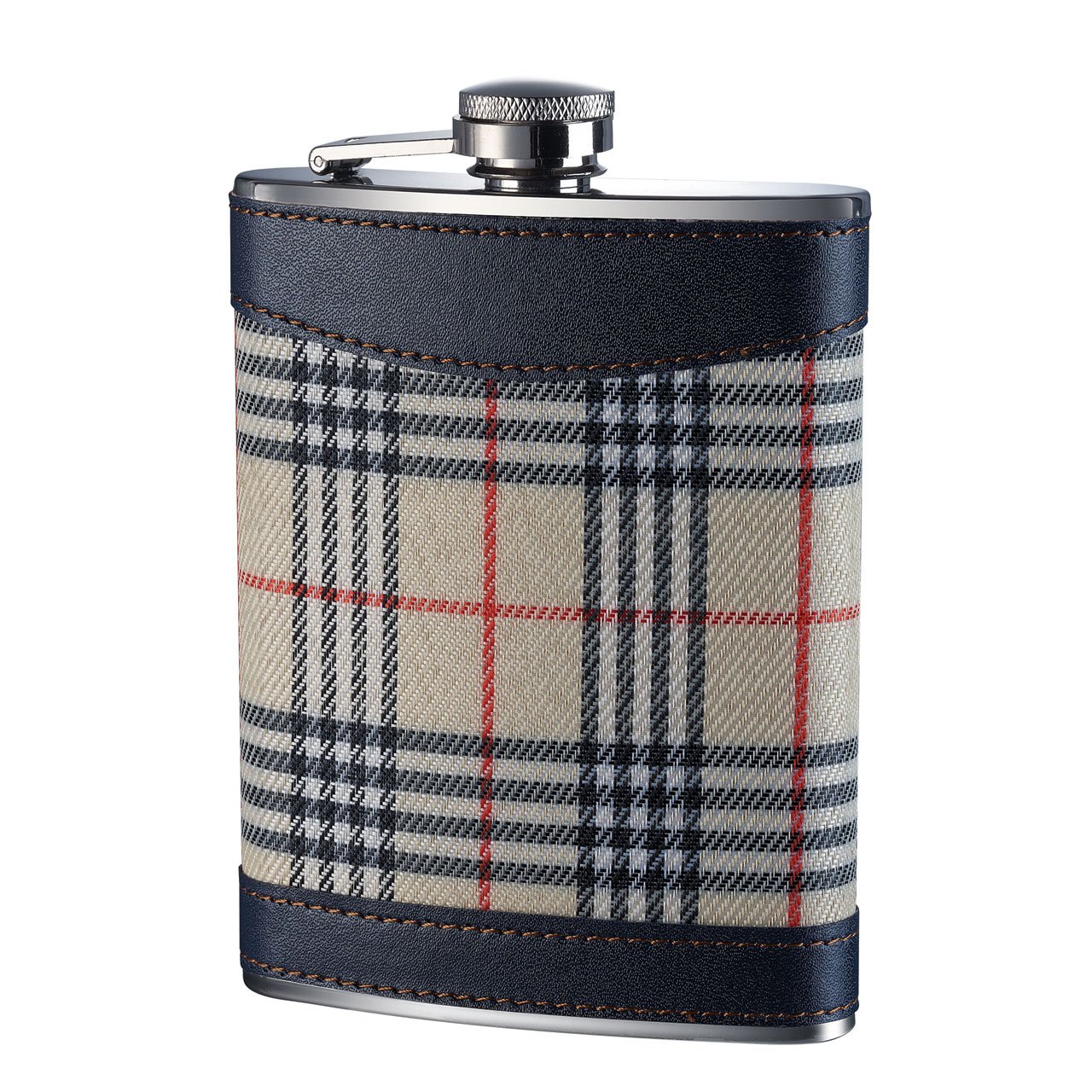 Hip Premier Housewares flask Mini Hip Flask for Men, 8oz, Stitched Leather Trim, Cream Tartan Fabric, 14hx10wx3d