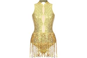 easyforever Women's Glitter Sequins Latin Dance Leotard Dancewear Fringe Jazz Ballroom Samba Dance Dress