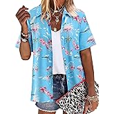ZXZY Women Summer Hawaii Shirts Soft Cool Floral Tropic Print Short Sleeve Button Up Tops T-Shirt