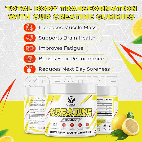 CERES NATURE CREATINE MONOHYDRATE GUMMIES FOR MEN & WOMEN-5G OF CREATINE MONOHYDRATE PER SERVING – VEGAN,LEMON FLAVOR, 120 COUNT.
