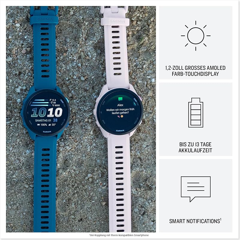 Forerunner 70 43mm - Lauf-Smartwatch, 1,2" AMOLED Touchscreen, bis zu 13 Tage Akkulaufzeit, Trainingsempfehlungen, Gesundheitsdaten, 80+ Sport-Apps, Notifications, Pay