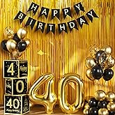 Sllyfo 40th Birthday Decorations for Men Women, Black Gold 40th Birthday Balloons Boxes Party Favors, 40th Birthday Banner 40 Balloon Kit, Tassel Curtain, 40 Year Old Birthday Decorations Boxes
