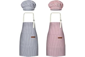 DASHUAIGE 2 Pack Kids Chef Set, Striped Apron & Hat with Pockets, Adjustable Baking Smock for Boys & Girls