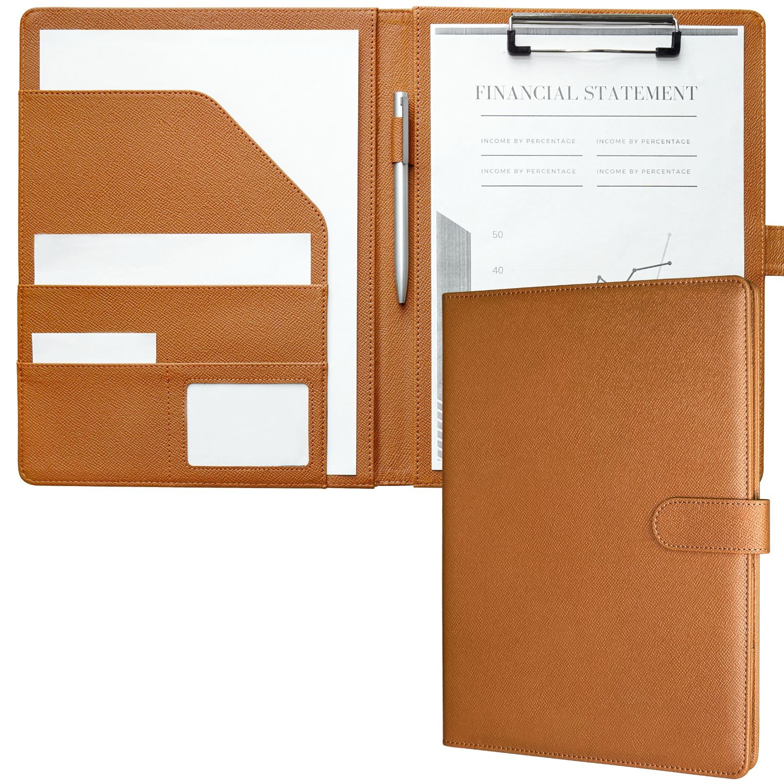 Mymazn A4 Clipboard Folder Conference Folder, Faux Leather Clipboard with Cover for Legal Pad, Portfolio Folder A4 Clip Board with Storage, A4 Organiser for Business (Brown)