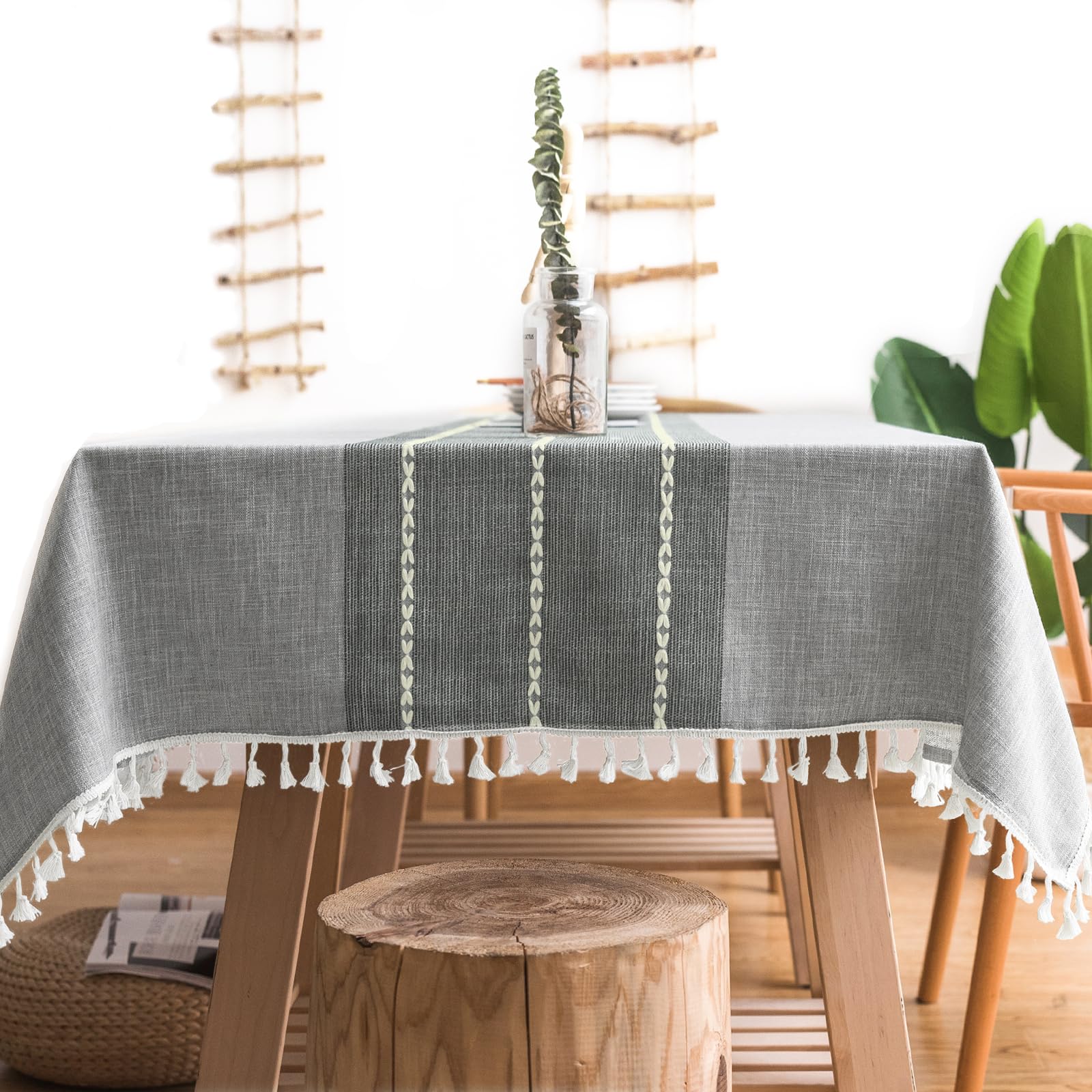 MOKANI Middle Embroidery Table Cloth Washable Cotton Linen Tassel Tablecloth, Rectangle Wrinkle Free Anti-Fading Table Cover for Kitchen Dinning Thanksgiving Christmas (55 x 120 Inch, Gray)