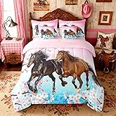 Feelyou Girls Horse Comforter Set Twin Size 7 Pcs West Horses Comforter Bed in a Bag Pink Cherry Blossom Bedding Set for Women Teens Farmhouse Western Bed Set with Sheets, Pillowcases, Pillow Covers