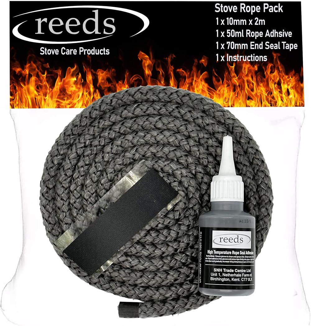 Reeds Black Stove Rope Kit 10mm 2m with 50ml Adhesive UK Made