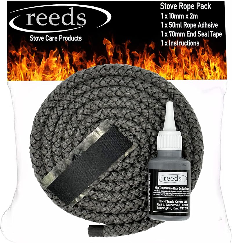 Reeds Black Stove Rope Kit 10mm 2m with 50ml Adhesive UK Made