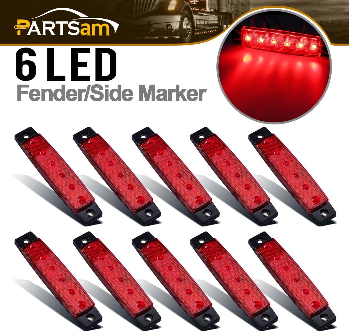 Partsam 10Pcs Red 6 LED Side Marker Indicators Rear Tail