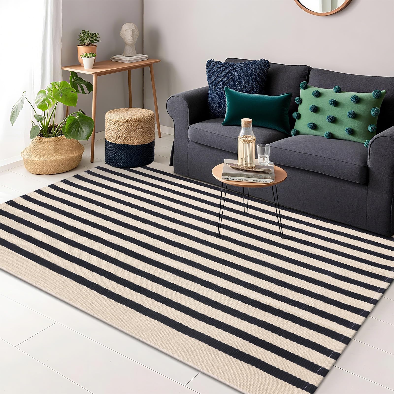Photo 1 of OLANLY Beige and Black Striped Rug 3' x 5' – Washable Cotton Doormat for Indoor Outdoor Use, Layered Front Porch Rug for Entryway, Kitchen, Patio