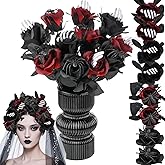 Suncalla 12 Pcs Halloween Artificial Roses Bouquet Long Stem Faux Red and Black Roses Bundles Fake Flowers with Skeleton Spider Halloween Floral Picks for Vase Arrangements Table Decorations
