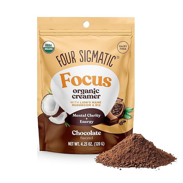 FOUR SIGMATIC FOCUS CHOCOLATE COFFEE CREAMER | ORGANIC NON DAIRY COFFEE CREAMER WITH LION’S MANE AND VITAMIN B12 | CHOCOLATE, 4.23 OZ