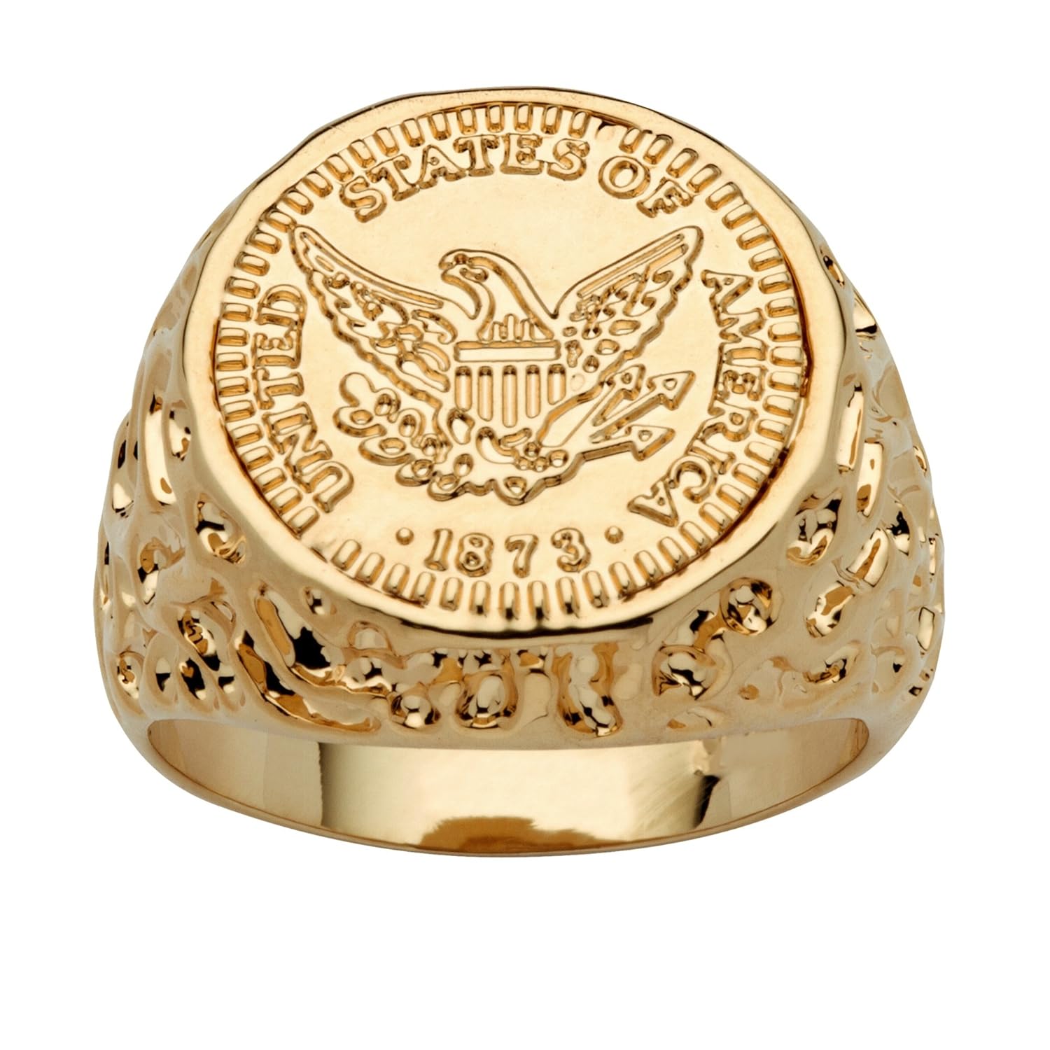 Mens 14k Yellow Gold Plated American Eagle Coin Replica Nugget Ring