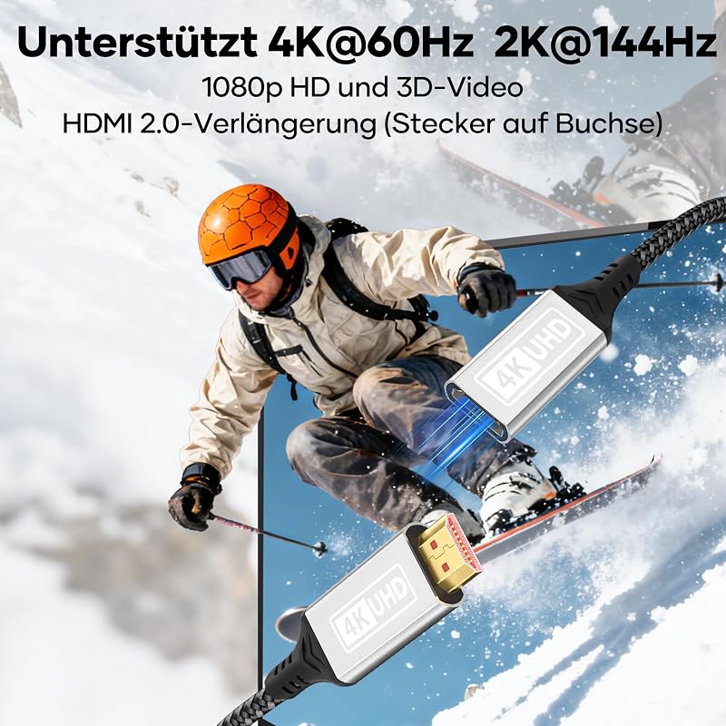 HDMI Verlängerungskabel,1M 4K@60Hz 2K@144Hz HDMI 2.0 Verlängerung Geflochtenes Nylon Kabel Stecker auf Buchse Highspeed 18Gbps UHD ARC HDR HDCP 2.2 kompatibel mit TV Stick,HDTV,PS5,PS4 — Foto 3 von 7