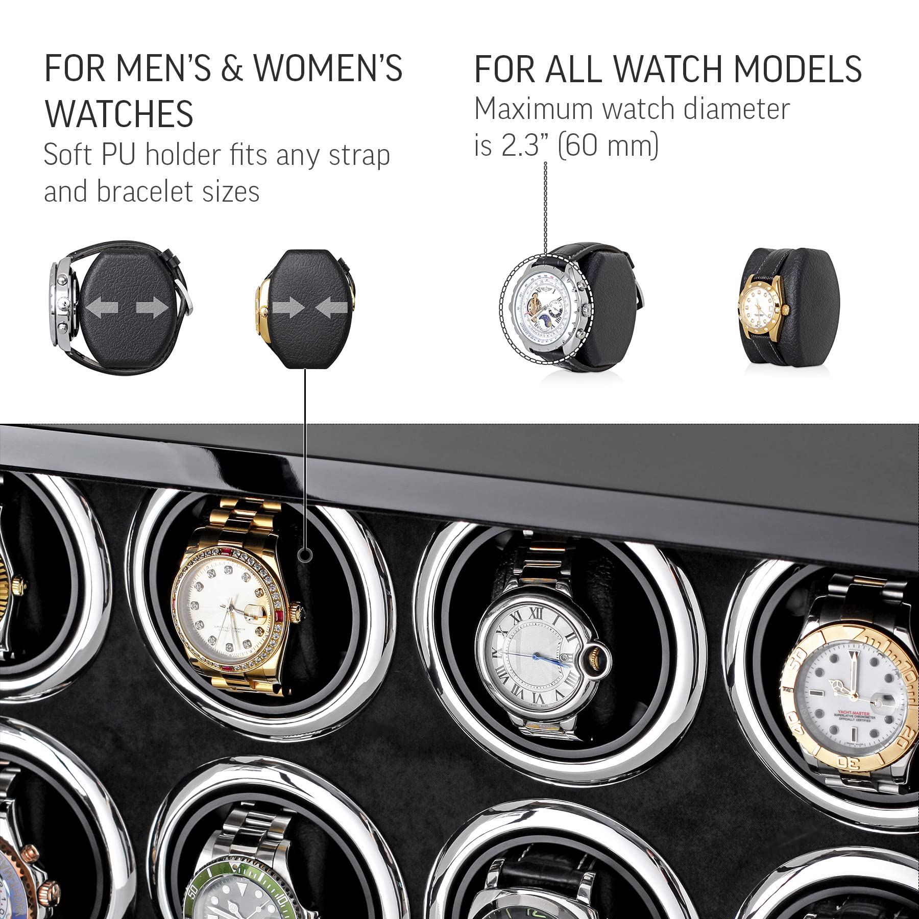 Watch Winder for 8 Automatic Watches with LED Backlight and LCD Touchscreen Control (Black + Black)
