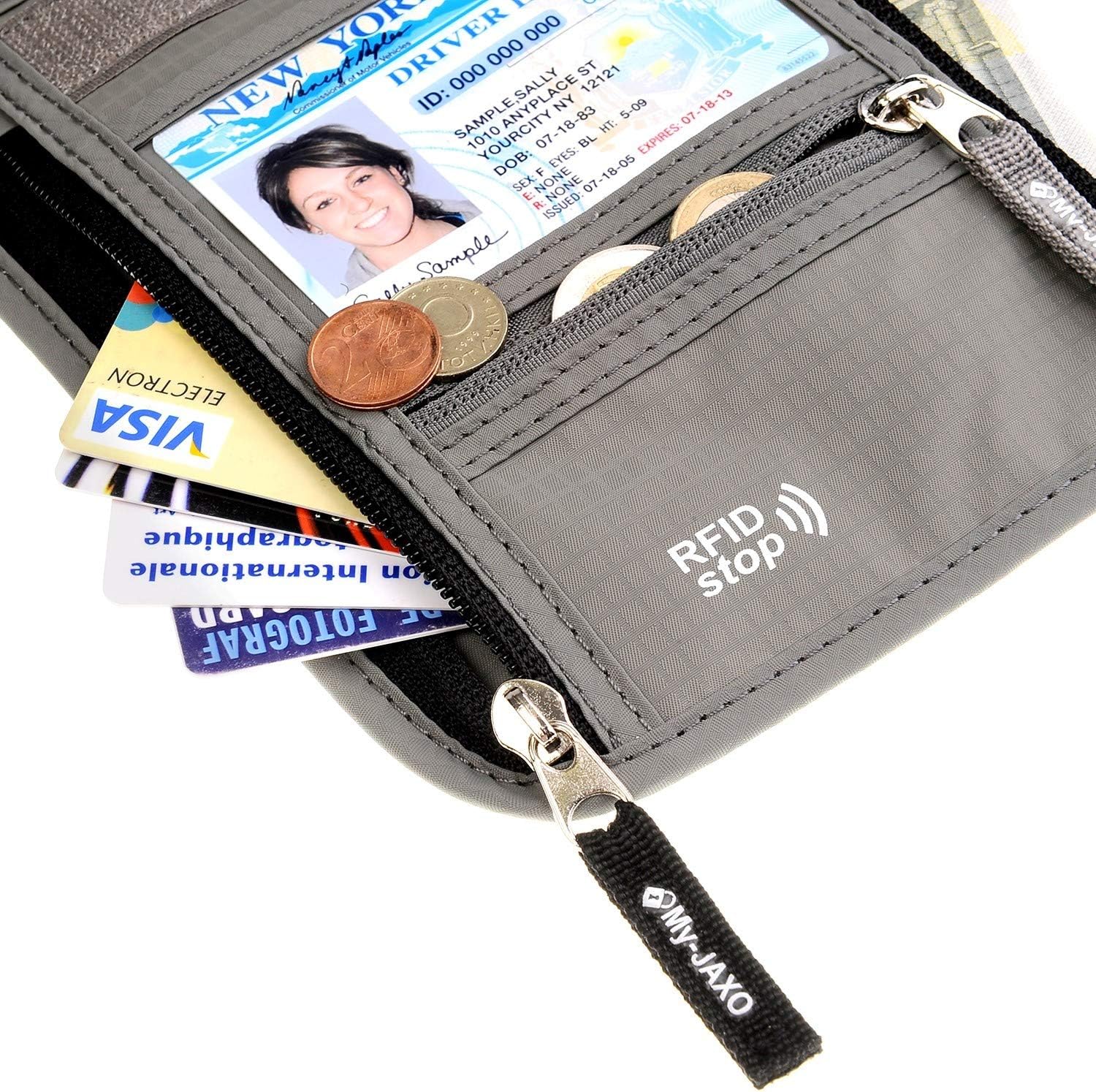  | My-JAXO Premium Family Travel Neck Pouch Wallet Safety Passport Holder Keep Cash And Documents Safe for Men and Women Peace Of Mind on your Travel with RFID Blocking Black, Grey, Red | Travel Wallets