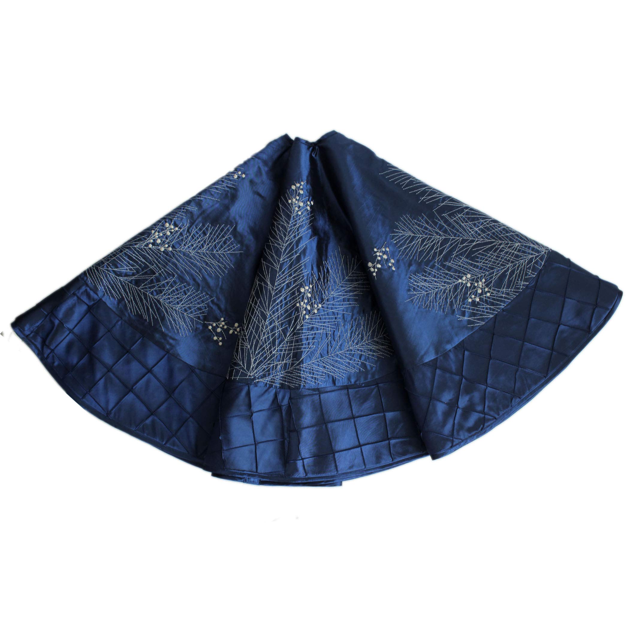 Gireshome Blue Faux Silk Deluxe White Berry Embroidered Center, Handcraft Pintuck Border Christmas Tree Skirt -36inch / 91CM