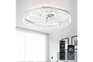 Depuley Ceiling Fans with Lights and Remote: 20" Modern Low Profile Flush Mount LED Ceiling Fan for Bedroom App Control - White Crystal Bladeless Fandelier for Living Room Kitchen Dimmable DC Motor