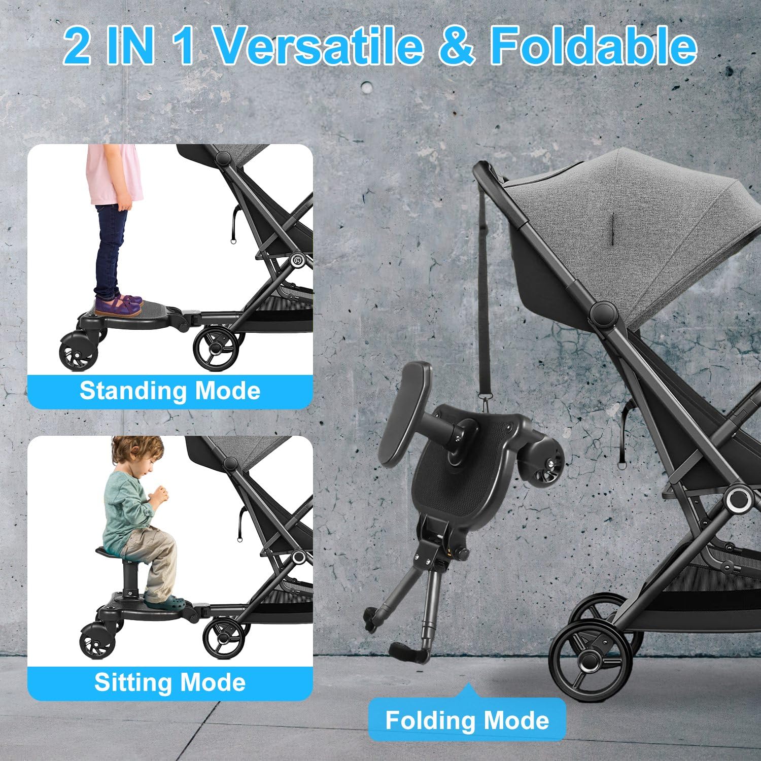 Universal Stroller Board with Detachable Seat for New Parents, 2 in 1 Sit & Stand Stroller Board, Stroller Standing Board, Stroller Attachment for Toddler to Ride, Holds Children Up to 55lbs