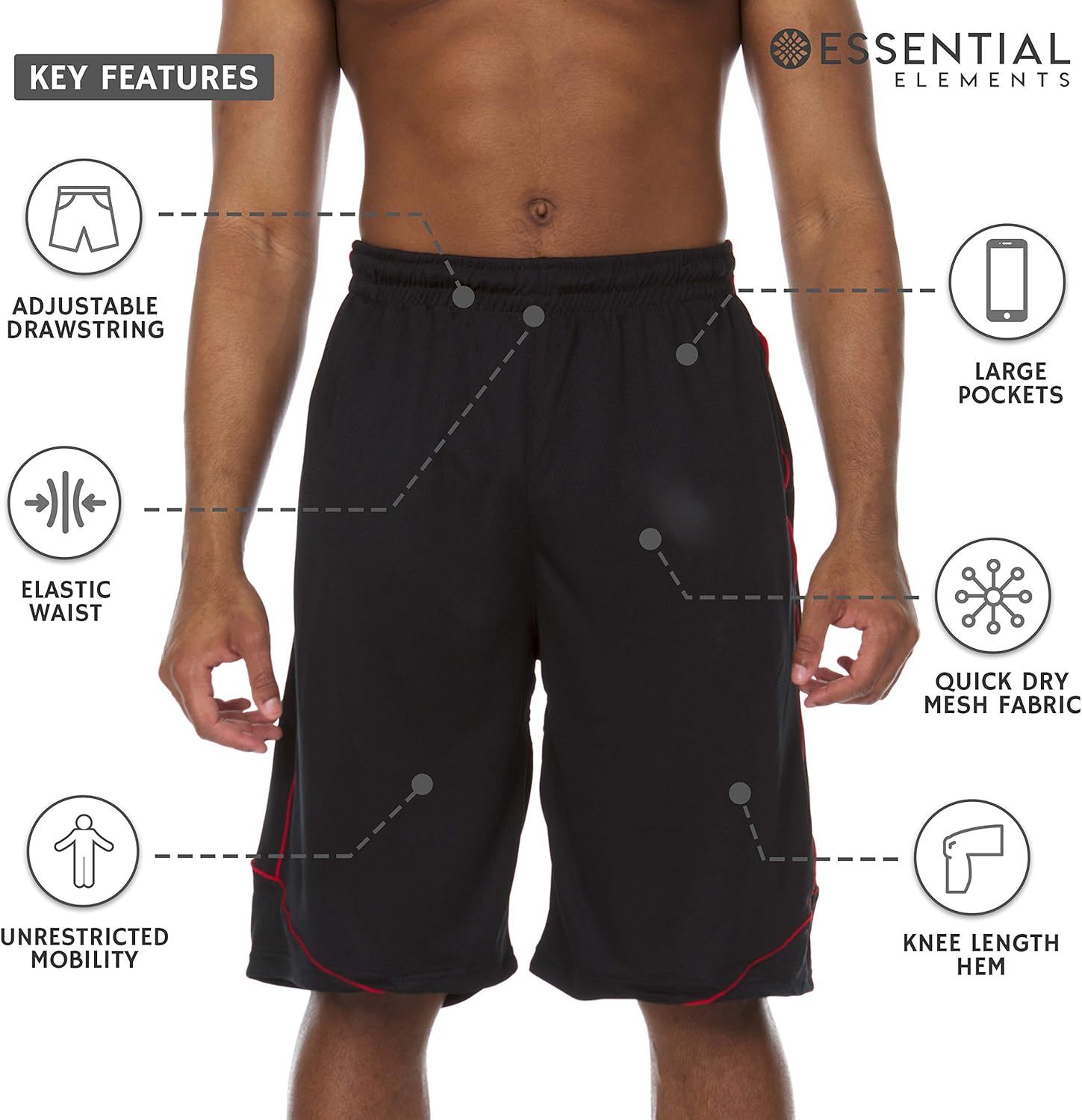 Essential Elements 4 Pack: Men's Active Performance Athletic Basketball Workout Gym Knit Shorts with Pockets at  Men’s Clothing store