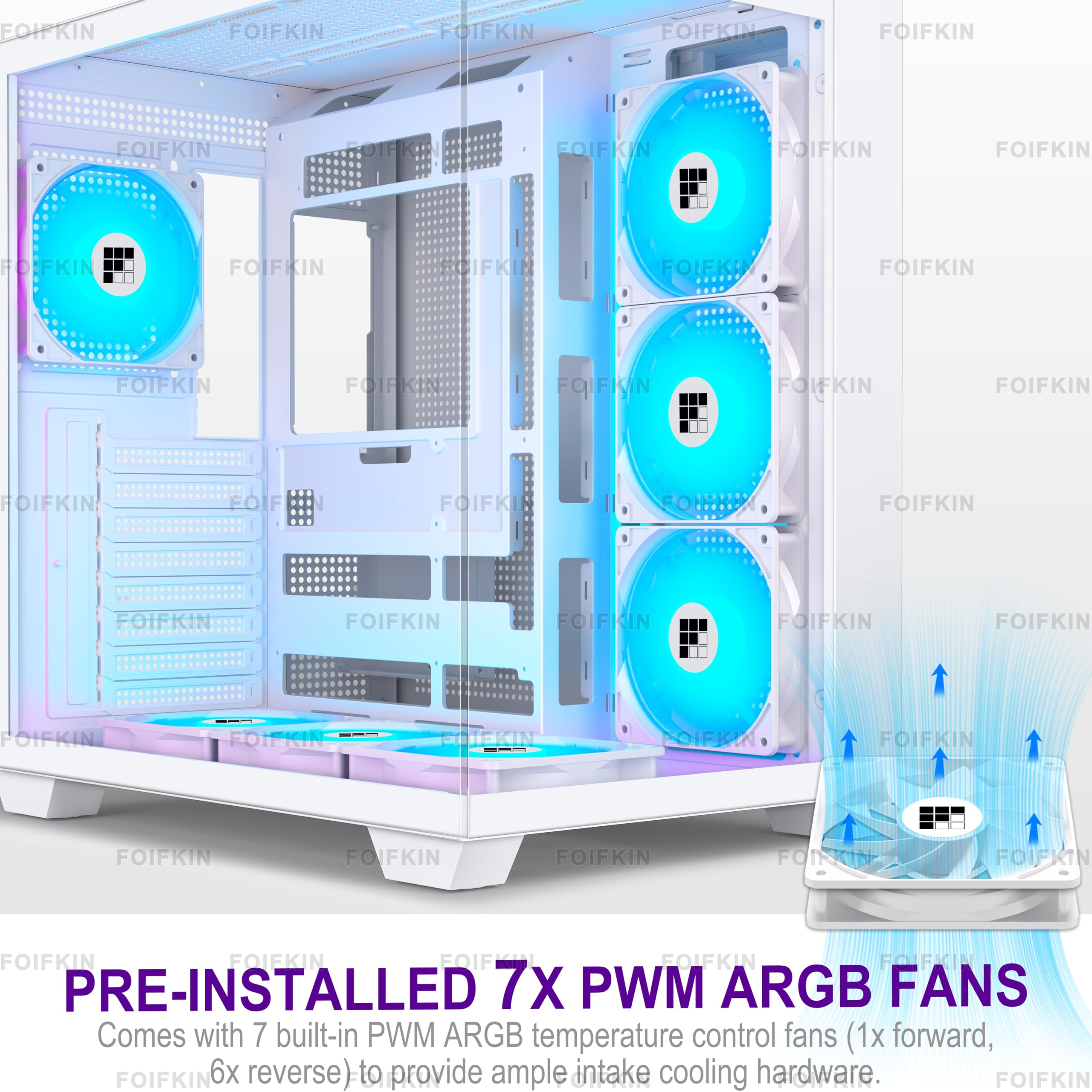 FOIFKIN F300 PC Gehäuse ATX mit 7 PWM ARGB Lüfter,Hoher Luftstrom Mid-Tower Computer Gehäuse,Gaming PC-Gehäuse Big Tower,ATX Gehäuse Weiß,mit Type-C,360mm Radiator Computergehäuse(Weiß, F300) 4