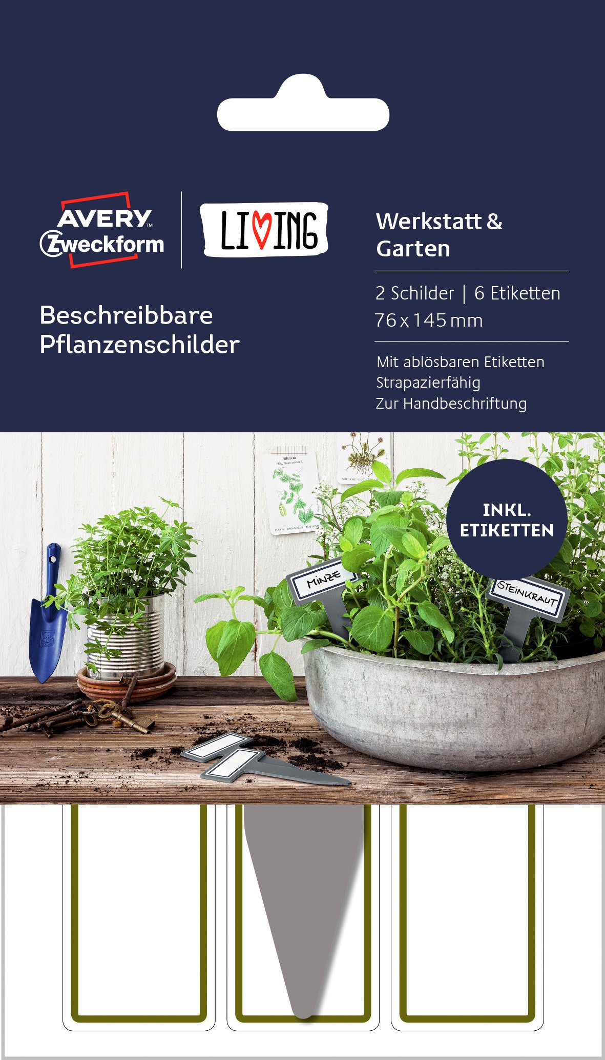 Avery Zweckform 62028 Living Plant Labels (2 Labels 6 Write On Labels – 76 x 145 mm, Gray/White Plant Labels 76 x 145 mm Grey/White