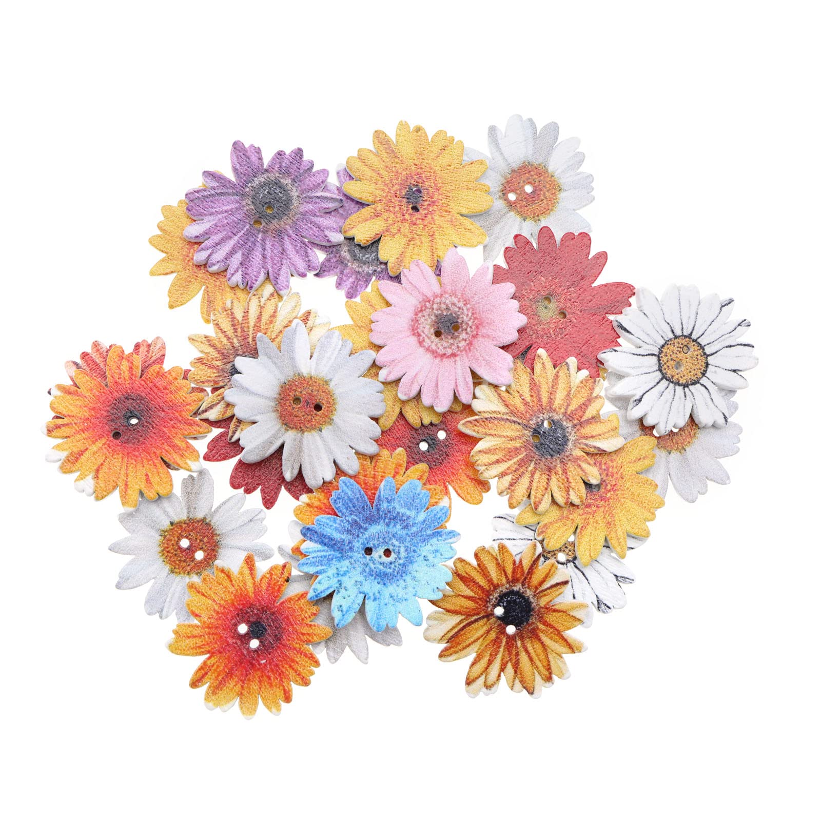 EMSea 100Pcs Flower Wooden Buttons Decorative Chrysanthemum Flowers Buttons with 2 Holes Colourful Daisy Buttons 25mm Chrysanthemum Buttons for DIY Sewing Clothes Crafts