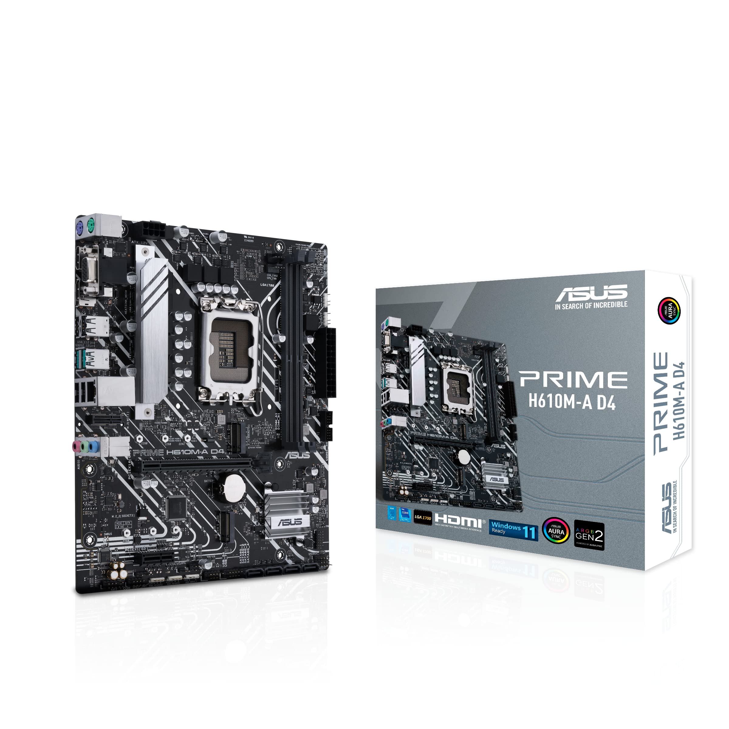 ASUS Prime H610M-A D4 Intel H610 (LGA 1700) m-ATX motherboard with DDR4, PCIe 4.0, dual M.2 slots, DisplayPort, HDMI, D-Sub, USB 3.2 Gen 2 ports, SATA 6 Gbps, Addressable Gen 2 headers and Aura Sync