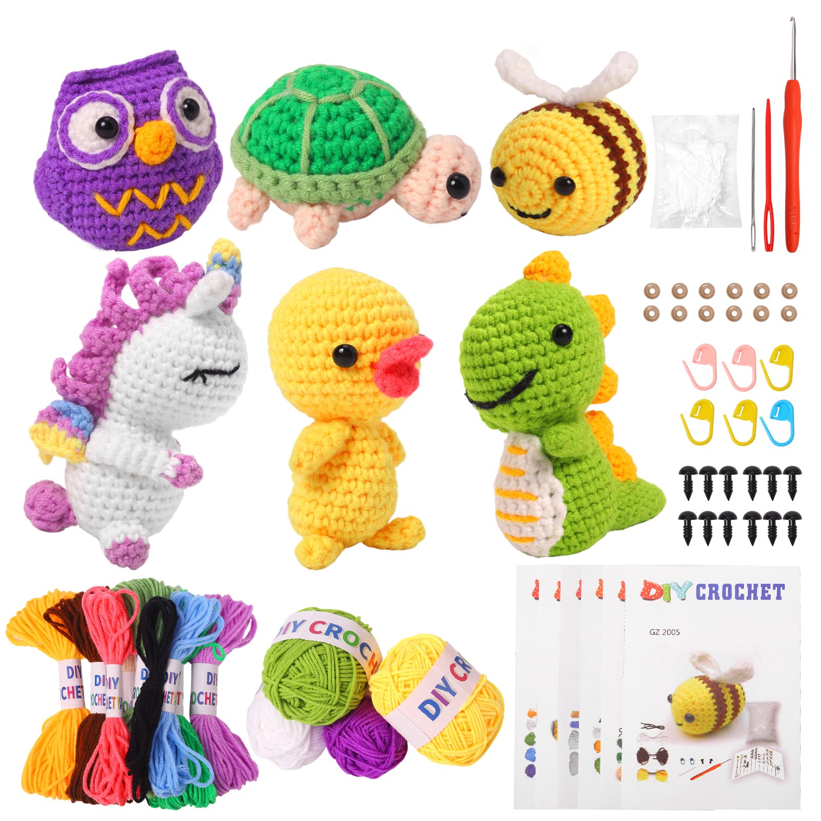 Nenjindz Animal Crochet Kit,Crochet Starter Kit for Beginner Adult Complete DIY Crochet Set Animal Knitting Kit to Make 6Pcs Unicorn Dinosaur Bee Crochet Kits Gifts with Tutorials Instruction