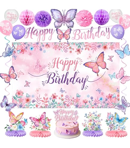 Butterfly Birthday Decorations FEV6 Party Supplies For Girls Women With...