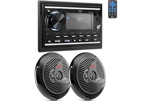 Pyle Boat Bluetooth Marine Stereo Receiver - Marine Head Unit Double DIN Stereo Receiver Power Amplifier & Speaker Kit - Hands-Free Calling, AM/FM/MP3/BT/USB/AUX - Remote, Speakers - Pyle PLMR2DNBK