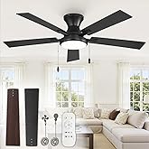 ZMISHIBO 52inch Ceiling Fans with Lights, Low Profile Ceiling Fan with Pull Chain and Remote Control, Flush Mount, Reversible