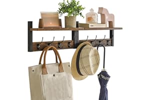 YMYNY Coat Rack Shelf Wall Mounted, Coat Hooks Set of 2, Entryway Coat Hanger with 8 Hooks, 31.5" Wall Floating Shelf with Hat Rack, for Kitchen, Bedroom, Bathroom, Rustic Brown UHWS001H-2