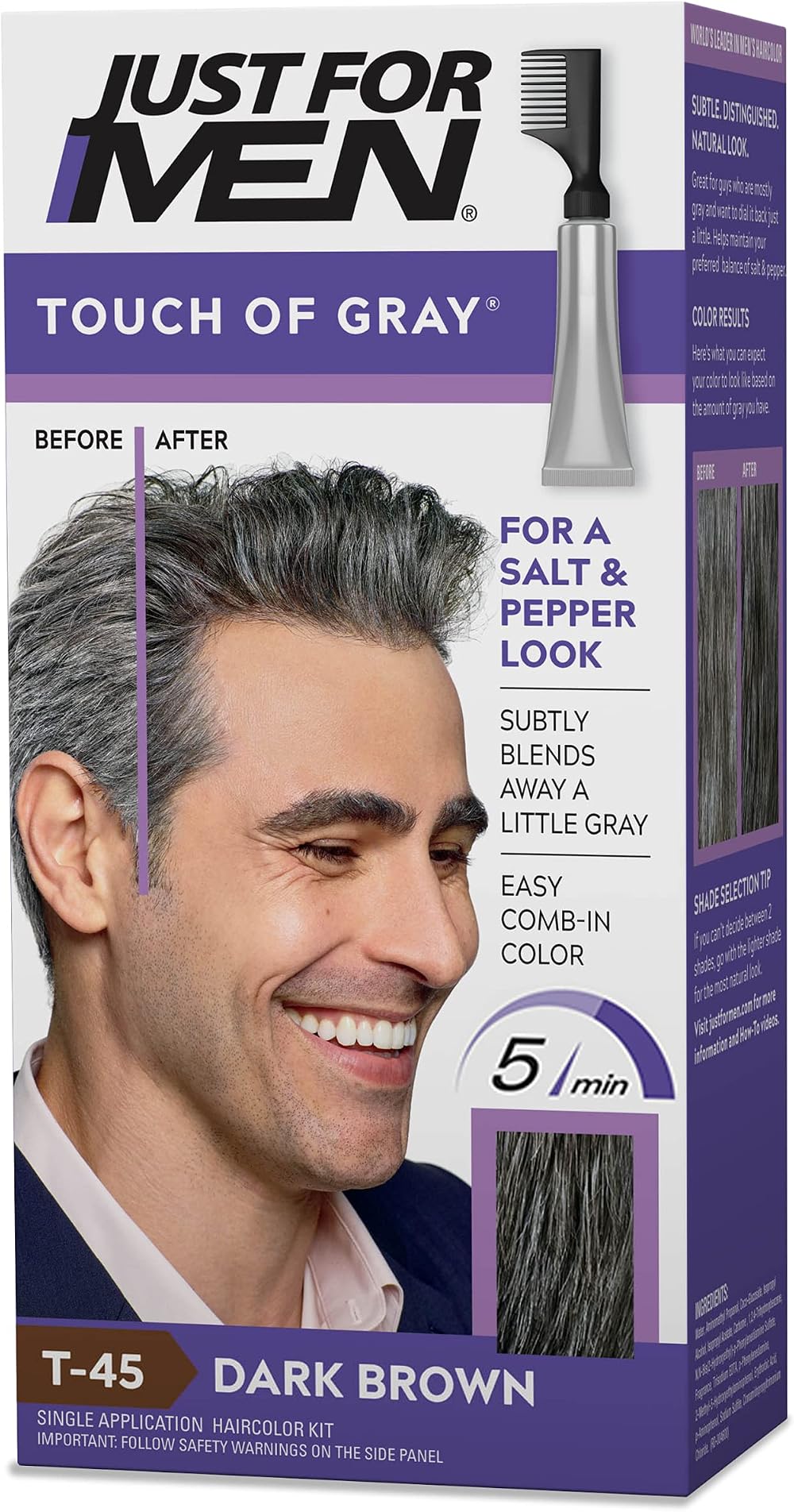 Just For Men Touch of Gray Hair Coloring T-45 Dark Brown Comb Applicator Salt