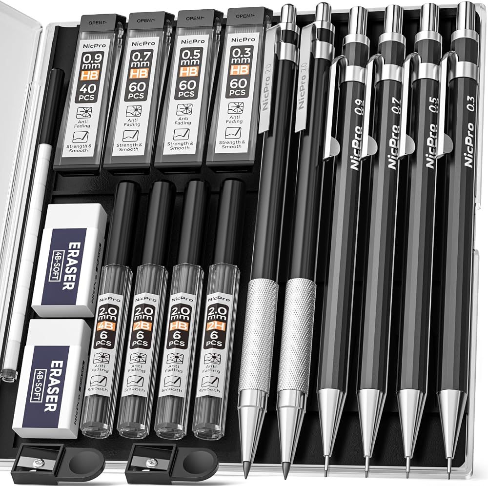 Nicpro 6 PCS Art Mechanical Pencils Set 0.3 0.5 0.7 0.9 mm with 2mm Lead Holders