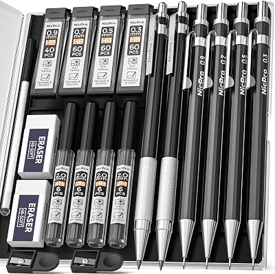 Nicpro 6 PCS Art Mechanical Pencils Set 0.3 0.5 0.7 0.9 mm with 2mm Lead Holders