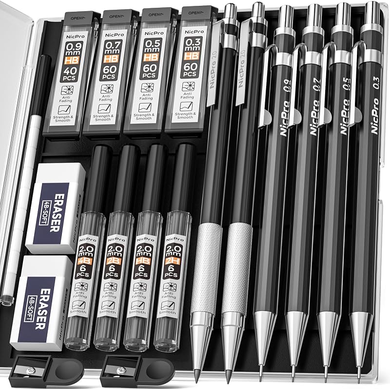 Nicpro 6 PCS Art Mechanical Pencils Set 0.3 0.5 0.7 0.9 mm with 2mm Lead Holders