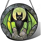 CRISGIF Stained Glass Window Hanging - Halloween Black Bat Green Wings Monster Suncatcher for Doors Garden Home Spooky Sun Catchers Gothic Decor Horror Gift for Women Men Friend Boy Girl 6.3 in