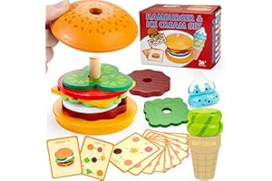 Bravmate Wooden Montessori Toys for 1 2 3 Years Old Kids, Realistic Burger & Ice Cream Toy, Stacking & Pretend Play for Little Chef, Preschool Play Fake Food Games, Educational Fine Motor Skills Toys