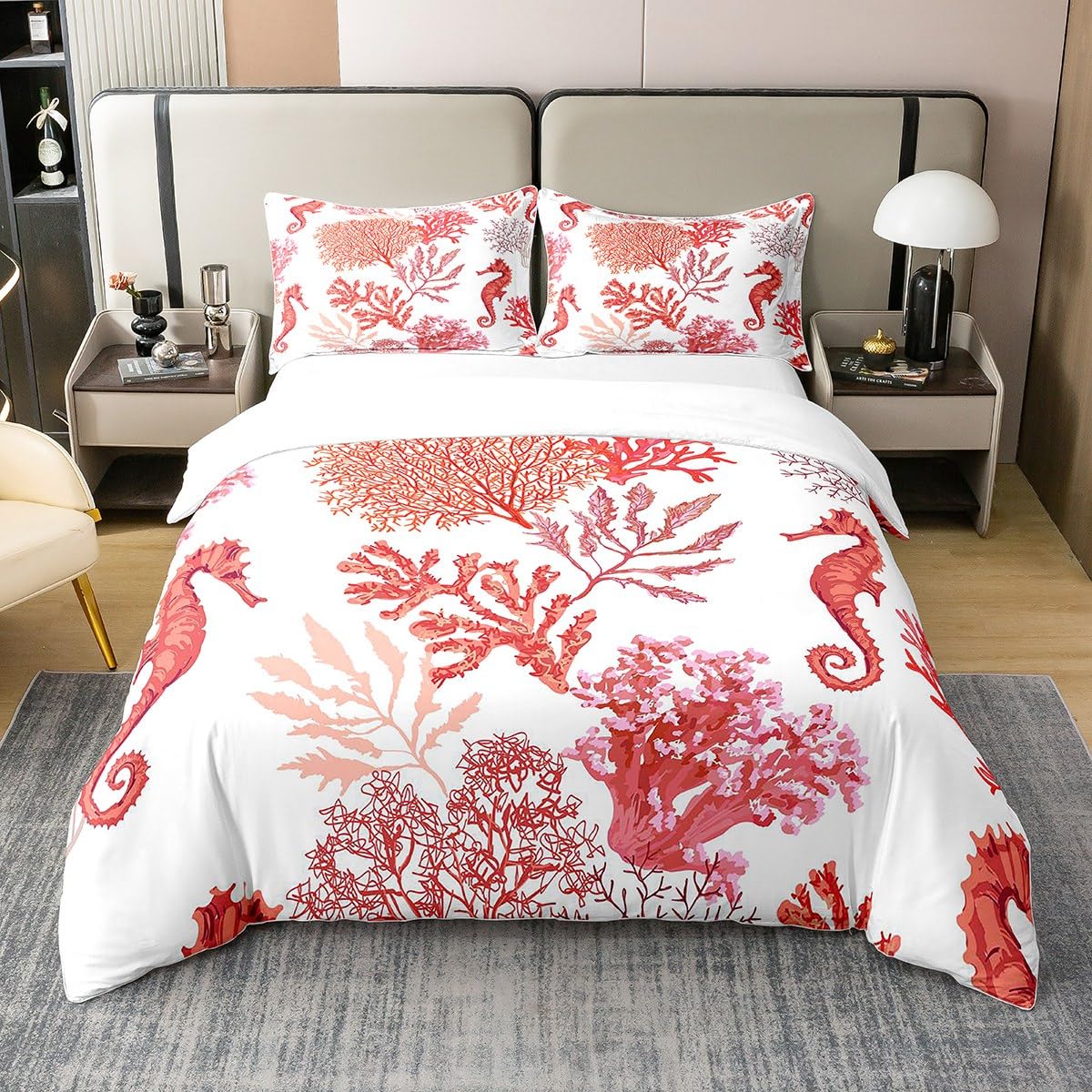 Cartoon Ocean Marine Nautical Bedding 100% Cotton Set Coral Seahorse 100% Cotton Duvet Cover for Kids Sea Underwater Creature Sealife Decor Red Quilt Cover Bedroom Collection 2Pcs Single Size Zipper — image 1