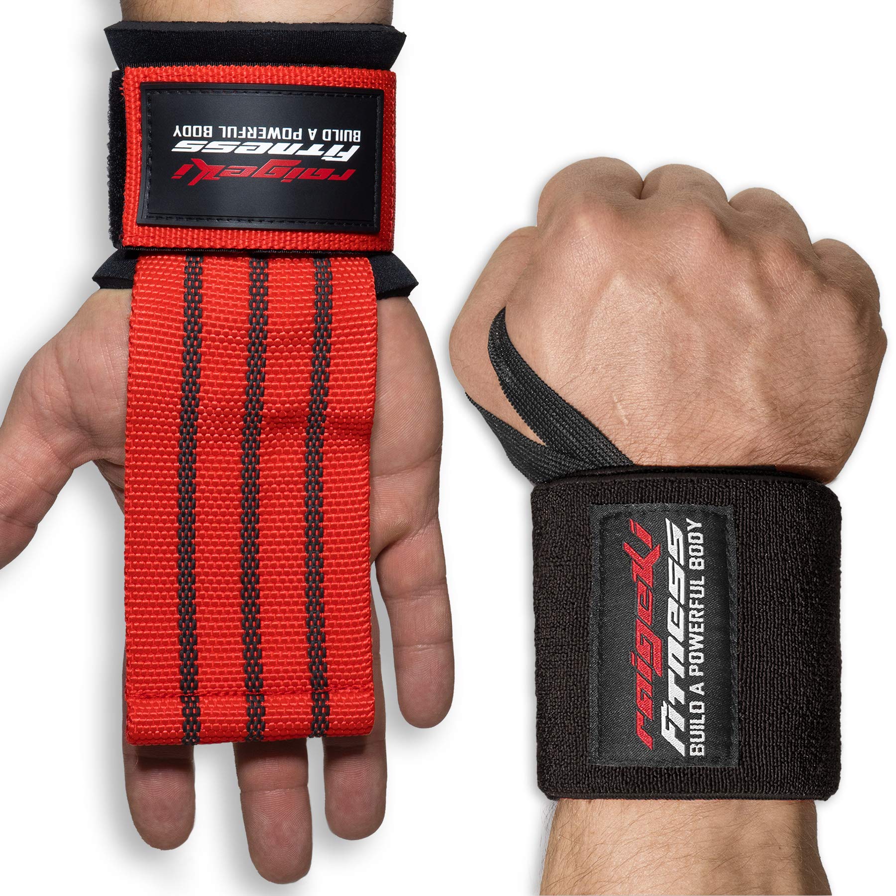 Wrist Bandages + Fast Grip Lifting Straps [Set] Professional Quick Release (+ Training Plans) for Fitness, Strength Training & Bodybuilding - for Men and Women (Red & Black)