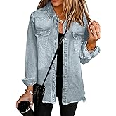 UEAL Womens Oversized Button Down Frayed Hem Denim Shacket Casual Long Sleeve Jean Jackets 2026 Spring Outfits