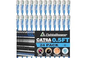 CableGeeker Cat6A Ethernet Patch Cable 0.5ft-24Pack Blue,High-Speed 10Gpbs, 550MHz Slim Patch Cables, 28AWG Flexiable Network