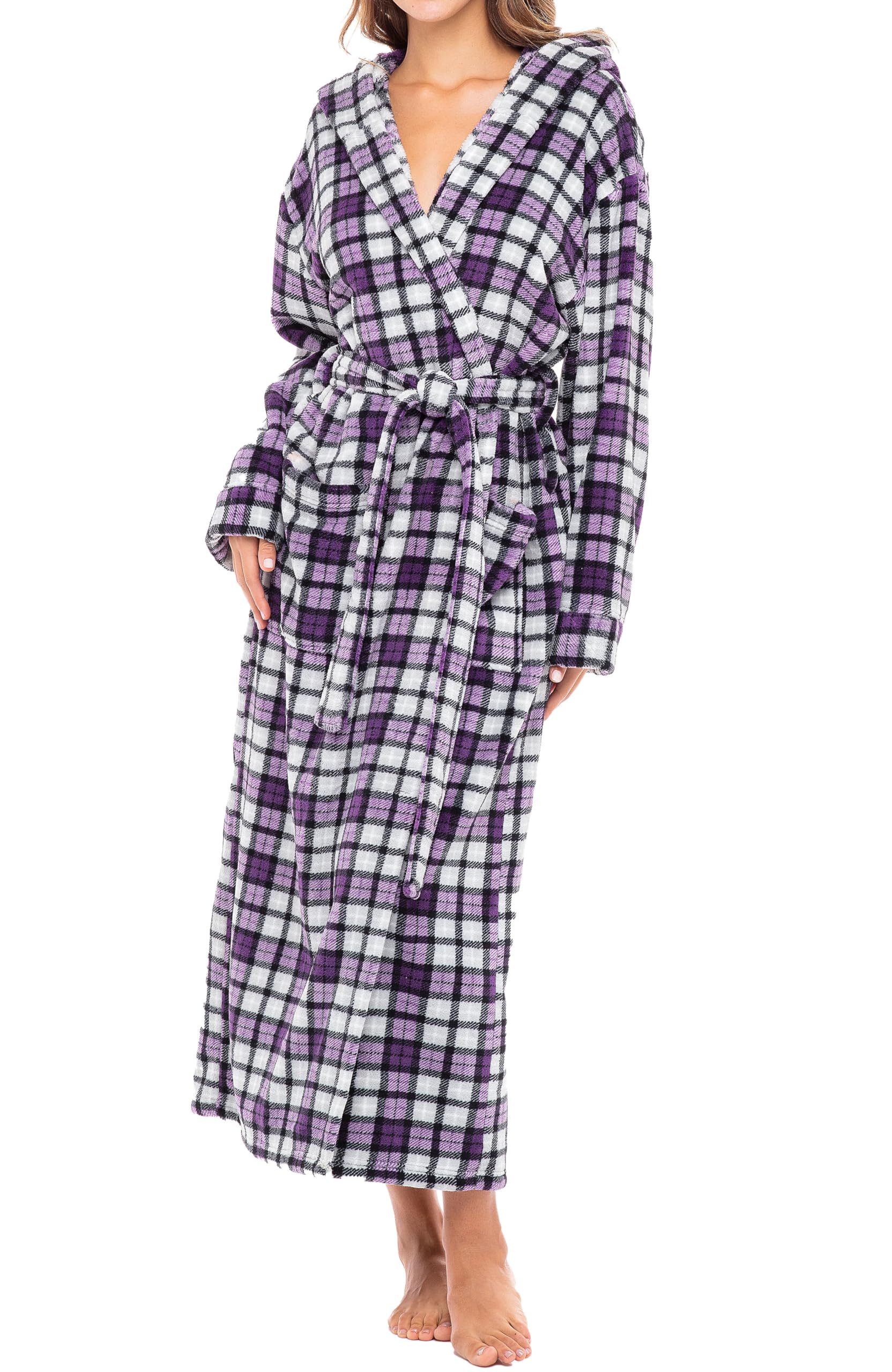 Alexander Del Rossa Womens Robe, Long Plush Bathrobe with Hood, Hooded Robes for Women Plus Size Bath Robe, Lavender Tartan Plaid, X-Large Image